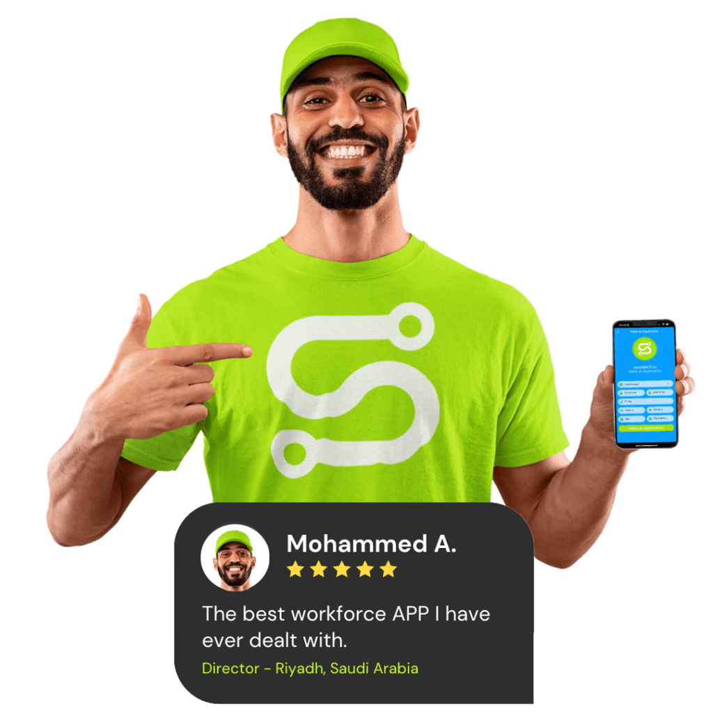 Staff member in green uniform showcasing the Saastech.io staff app for home cleaning companies